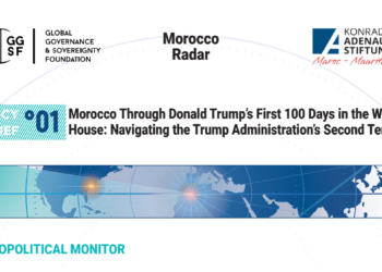 Cover of GGSF Policy Brief N°01 on Morocco United States relations — Morocco Radar: Morocco Through Donald Trump's First 100 Days in the White House, with the GGSF and Konrad-Adenauer-Stiftung logos and the Geopolitical Monitor map graphic