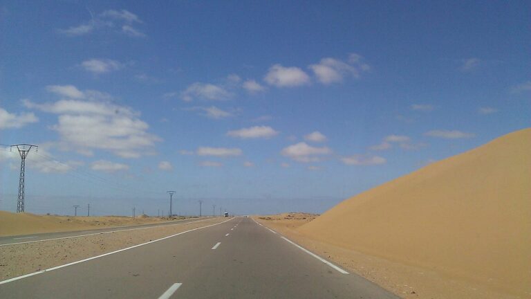A desert highway crossing sand dunes in the Sahara