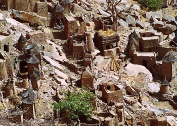 Village of conical granaries in Dogon country, Bandiagara, Mali