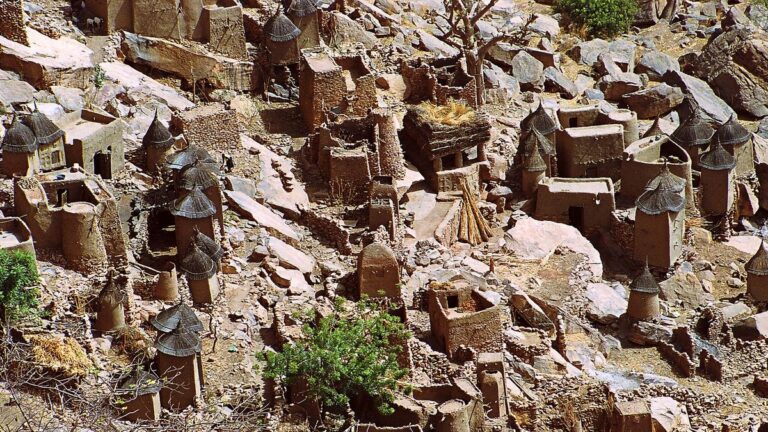Village of conical granaries in Dogon country, Bandiagara, Mali