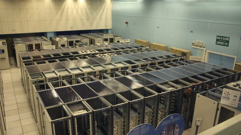 Server hall with racks of networking equipment in a data centre