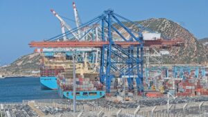 Container ship at the APM Terminals quay, Tanger Med port, Morocco