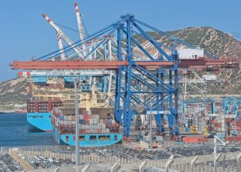 Container ship at the APM Terminals quay, Tanger Med port, Morocco