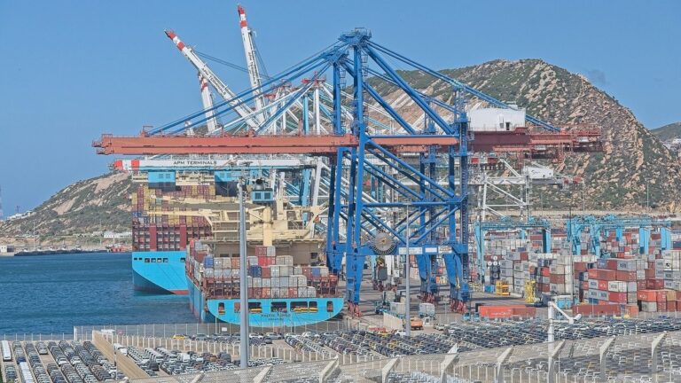 Container ship at the APM Terminals quay, Tanger Med port, Morocco