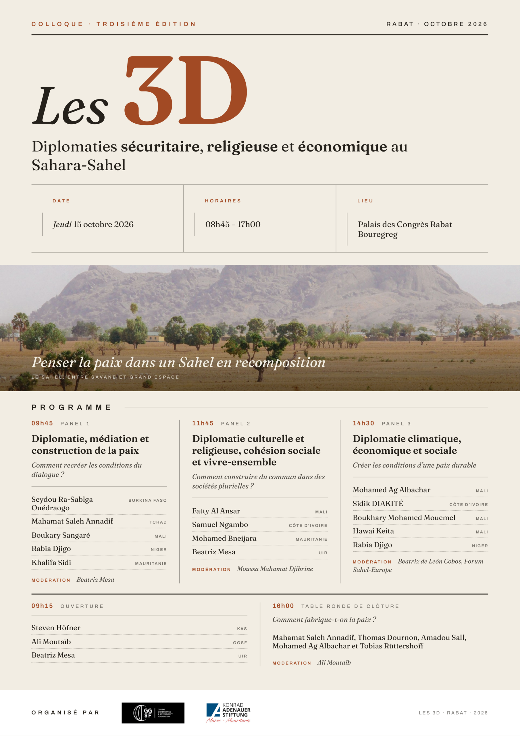 Affiche du colloque Les 3D (troisième édition), Rabat, 15 octobre 2026 : Diplomaties sécuritaire, religieuse et économique au Sahara-Sahel